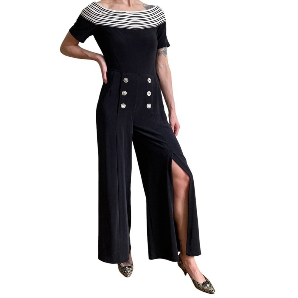 Vintage Joseph Ribkoff Sailor Chic Jumpsuit Black White Wide Leg Old Money Sz S - Picture 2 of 8
